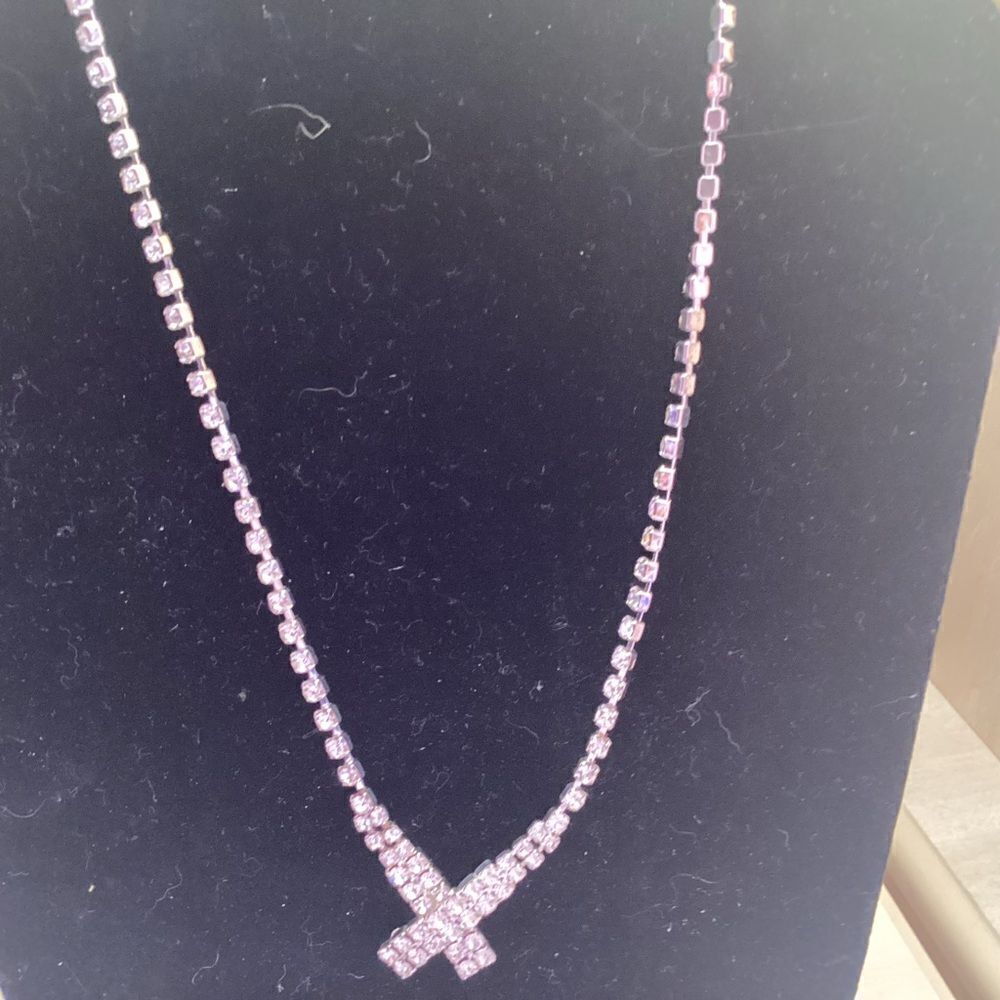 Rhinestone “X” Necklace in Silvertone
